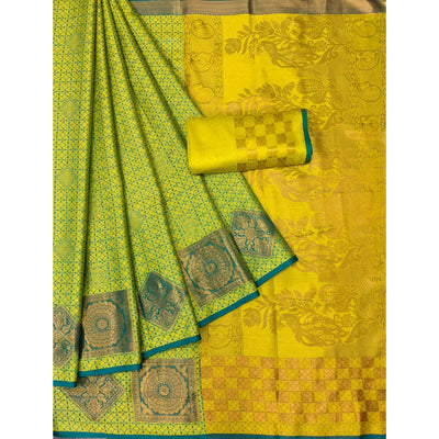 Lemon-Green Woven Cotton Silk Saree