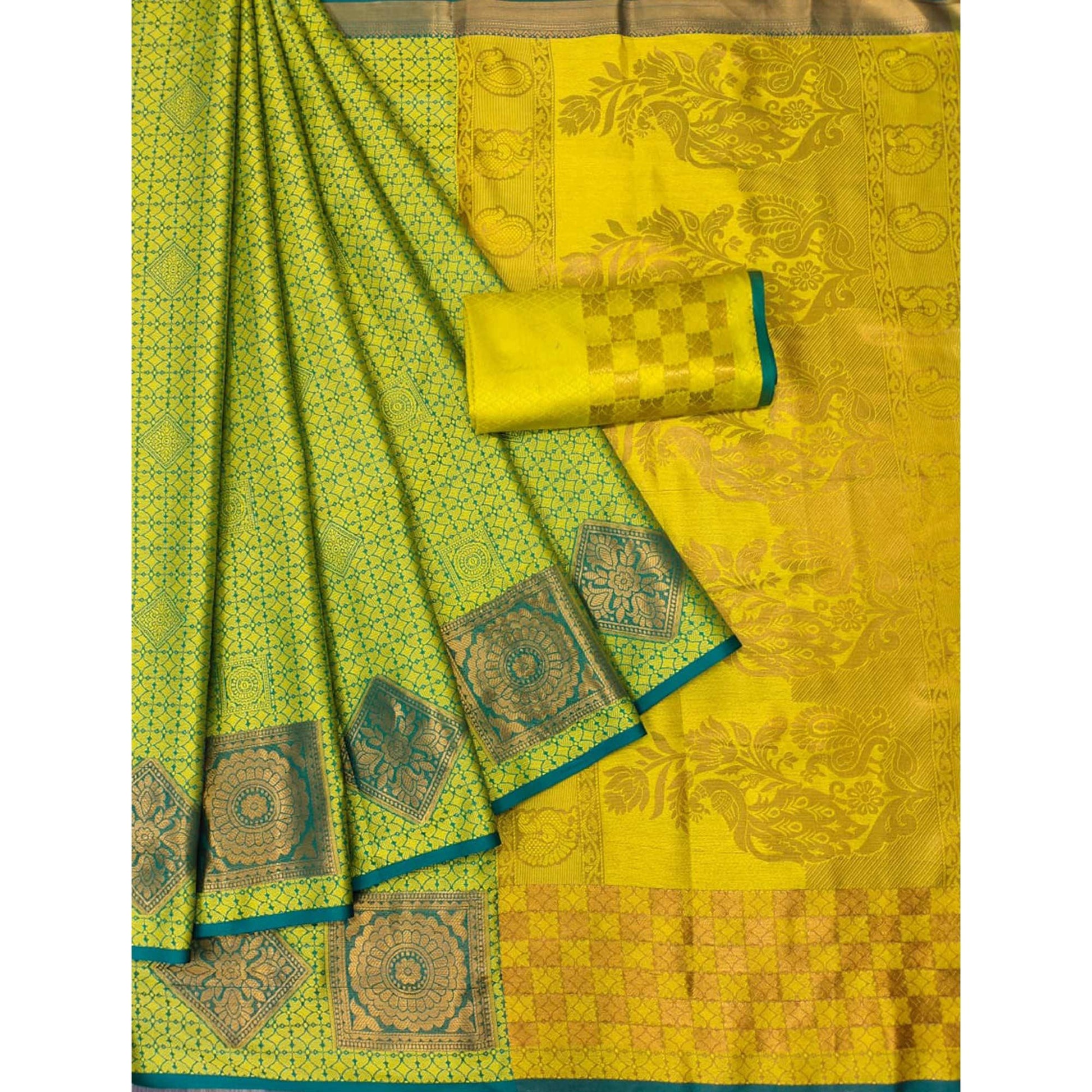 Lemon-Green Woven Cotton Silk Saree