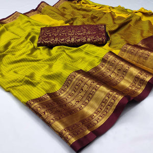 Lemon Green Woven Cotton Silk Saree With Tassels