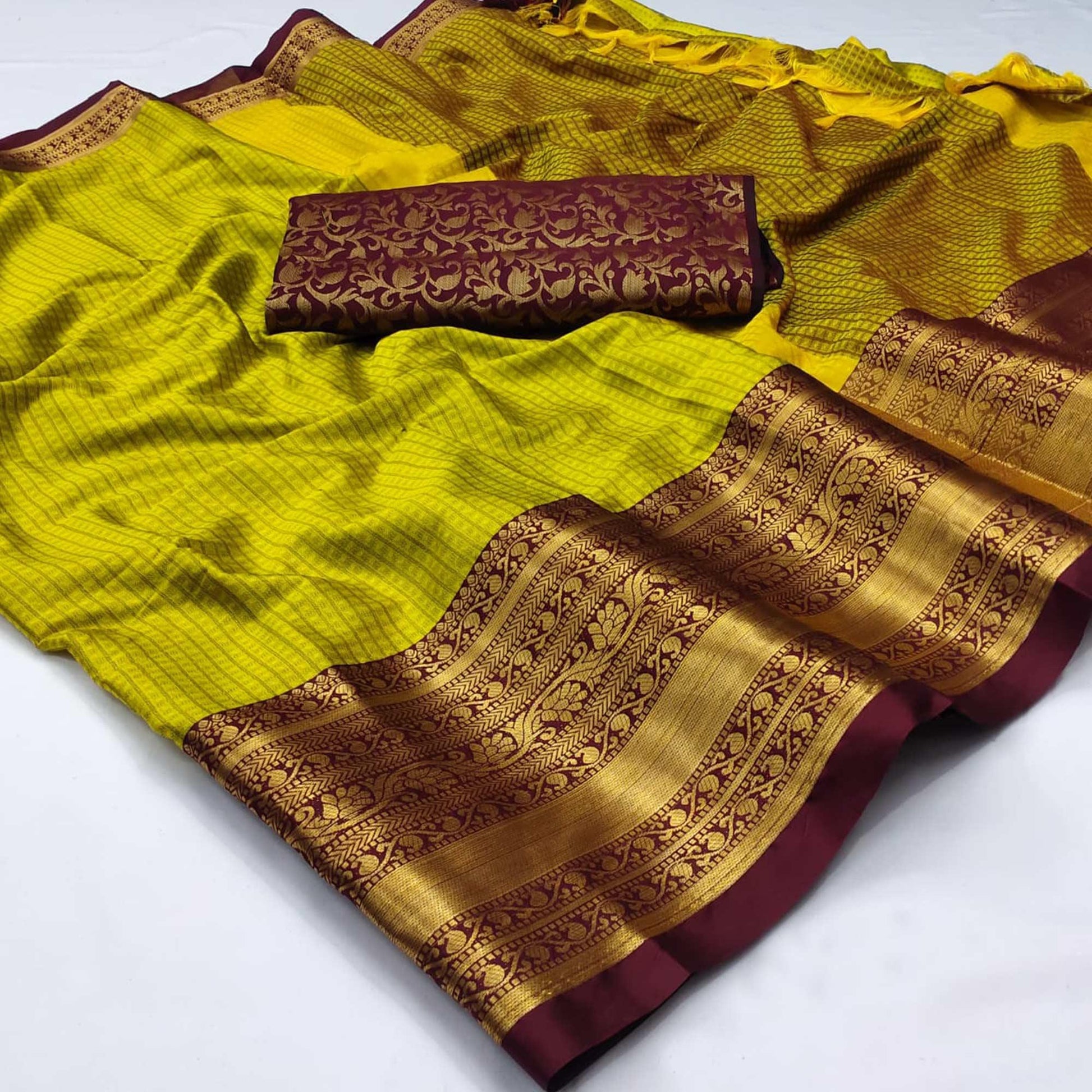 Lemon Green Woven Cotton Silk Saree With Tassels
