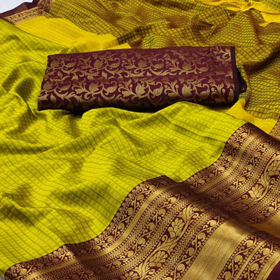 Lemon Green Woven Cotton Silk Saree With Tassels