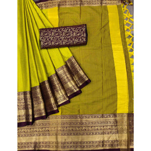 Lemon Green Woven Cotton Silk Saree With Tassels