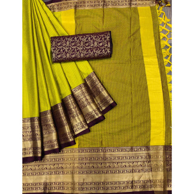 Lemon Green Woven Cotton Silk Saree With Tassels