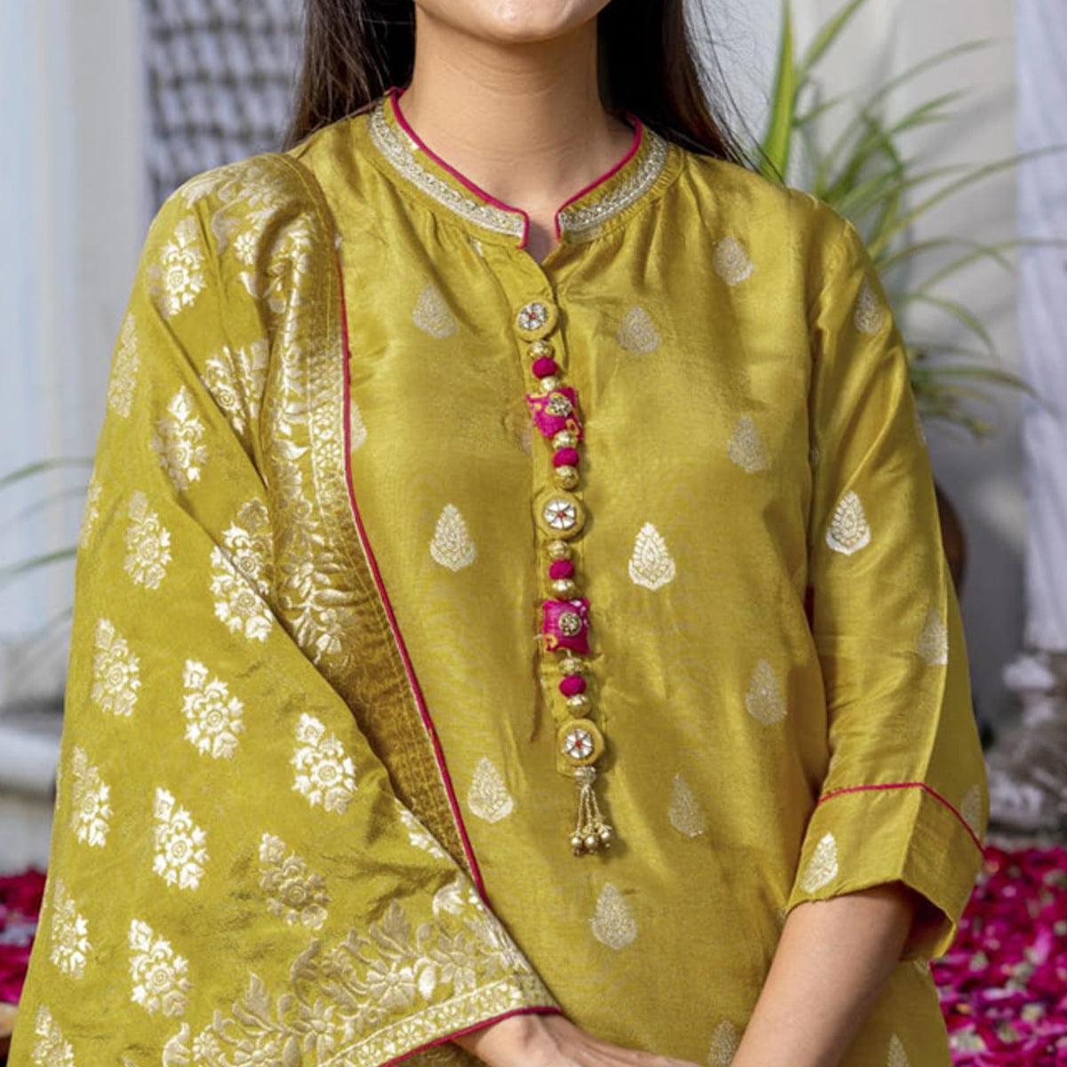 Lemon Green Woven Dola Silk Kurti Pant Set With Dupatta