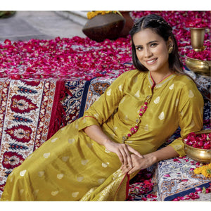 Lemon Green Woven Dola Silk Kurti Pant Set With Dupatta