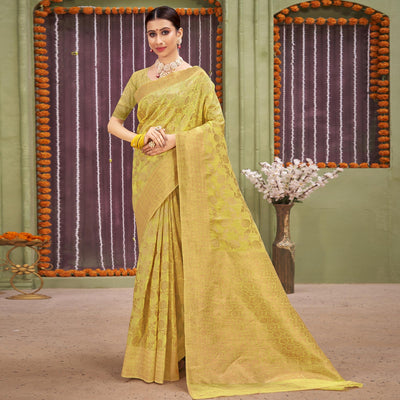 Lemon Green Woven Linen Saree