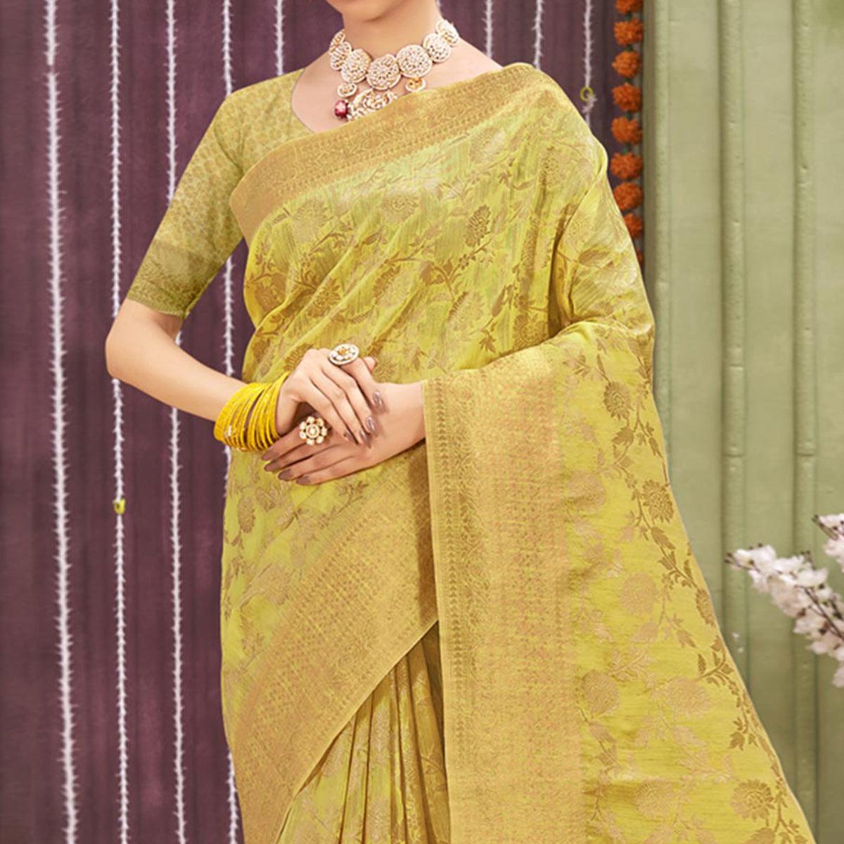 Lemon Green Woven Linen Saree