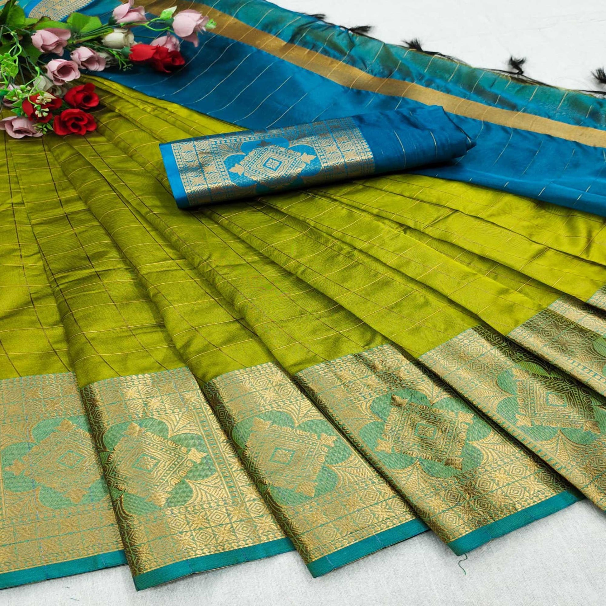 Lemon Green Woven Organza Saree