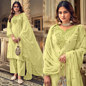 Lemon Party Wear Embroidered Muslin Suit