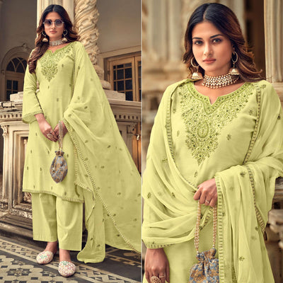 Lemon Party Wear Embroidered Muslin Suit