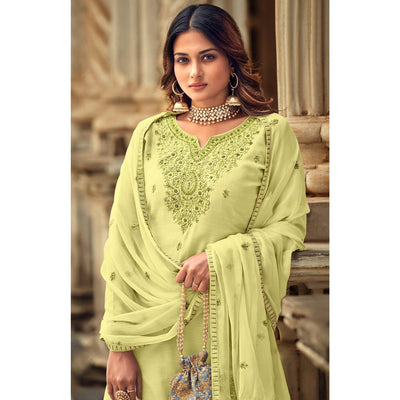 Lemon Party Wear Embroidered Muslin Suit