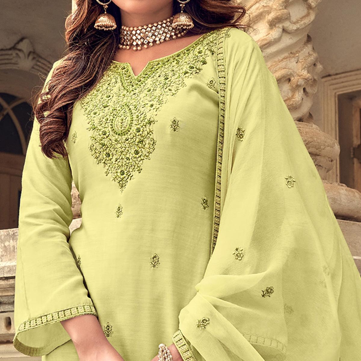 Lemon Party Wear Embroidered Muslin Suit