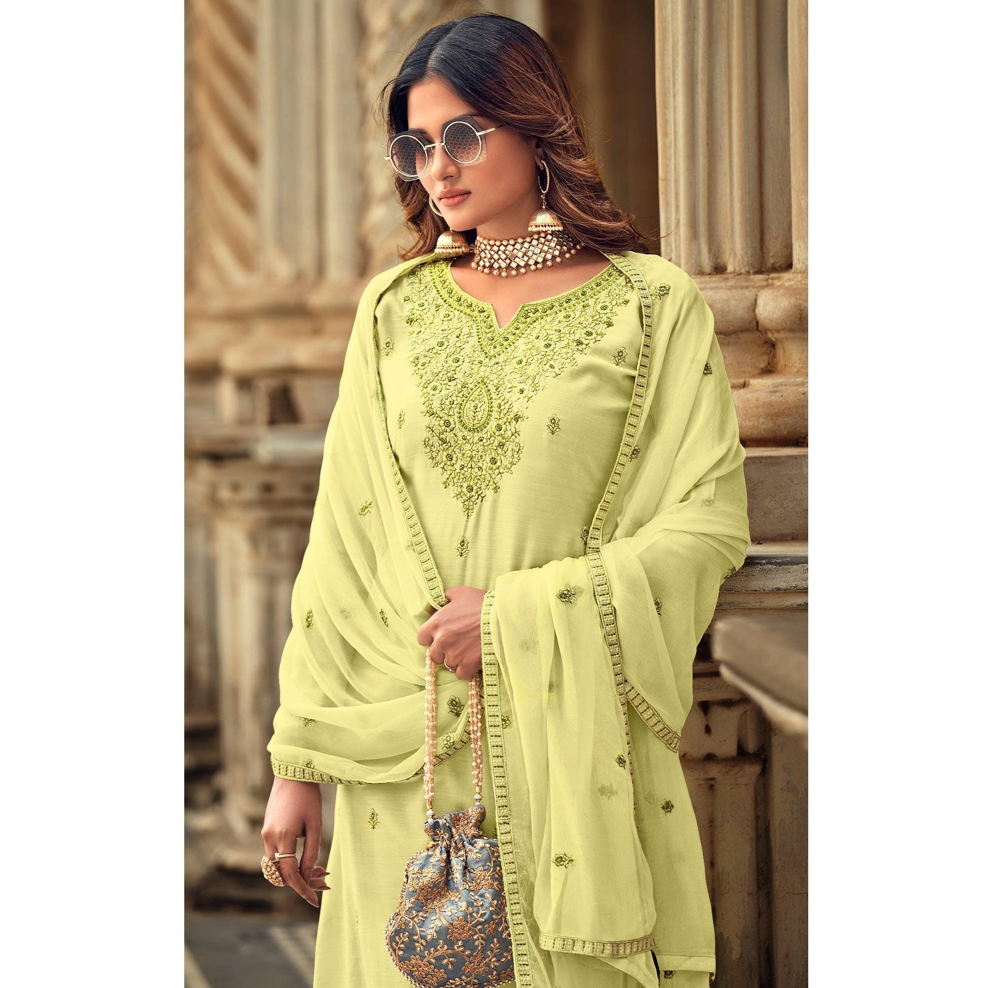 Lemon Party Wear Embroidered Muslin Suit