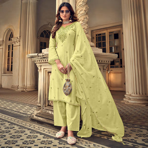 Lemon Party Wear Embroidered Muslin Suit
