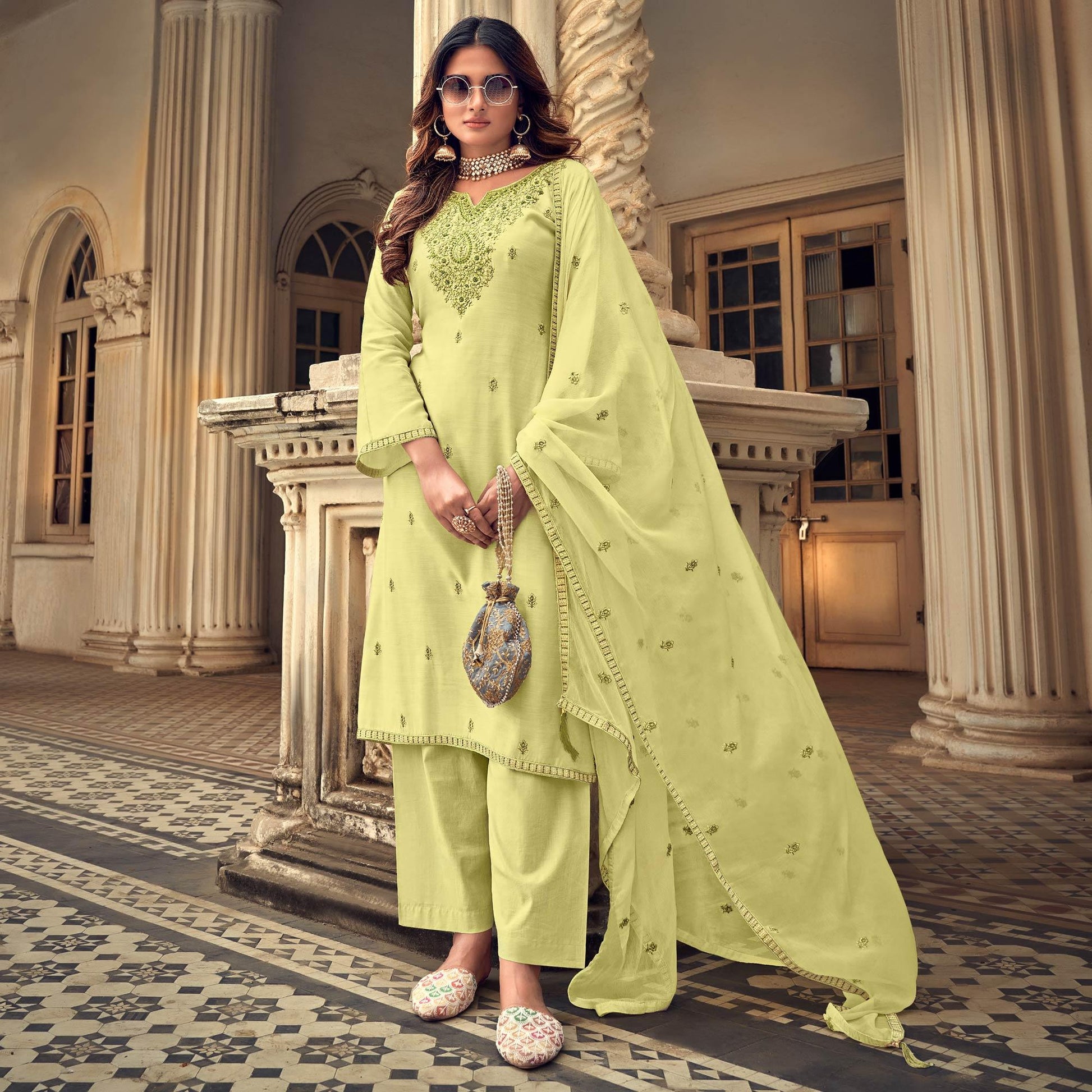 Lemon Party Wear Embroidered Muslin Suit