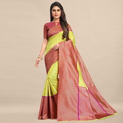 Lemon-Pink Festive Wear Rich Woven Border Soft Banarasi Silk Saree