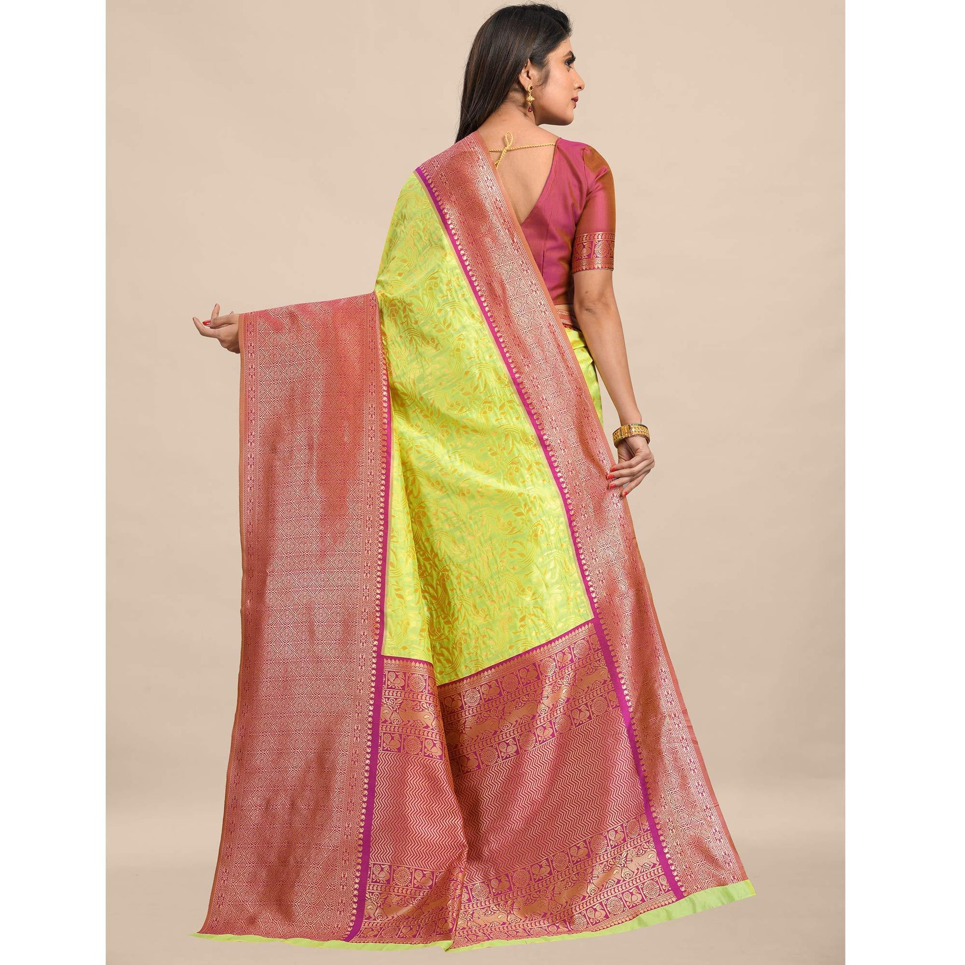 Lemon-Pink Festive Wear Rich Woven Border Soft Banarasi Silk Saree