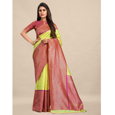 Lemon-Pink Festive Wear Rich Woven Border Soft Banarasi Silk Saree