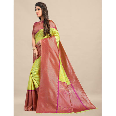 Lemon-Pink Festive Wear Rich Woven Border Soft Banarasi Silk Saree