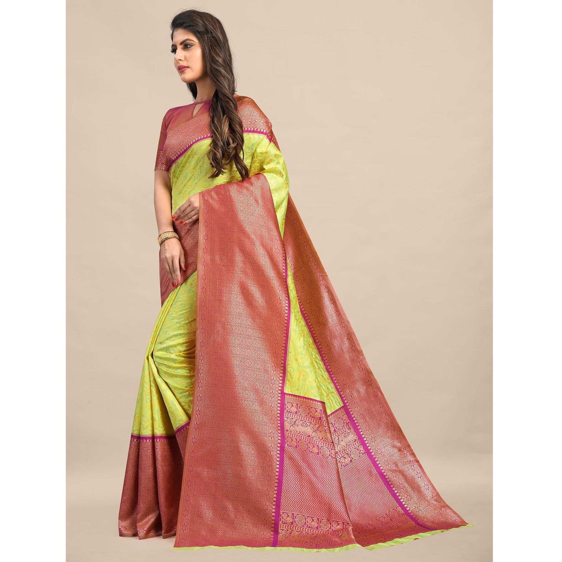 Lemon-Pink Festive Wear Rich Woven Border Soft Banarasi Silk Saree