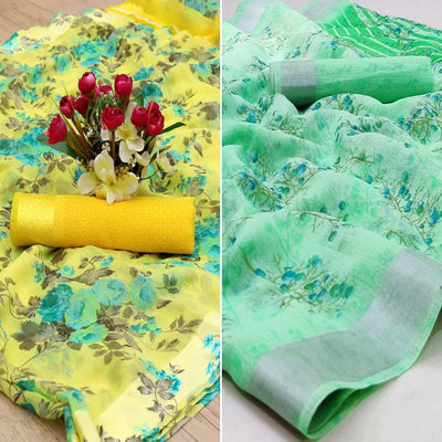 Lemon Yellow And Green Saree - Pack Of 2