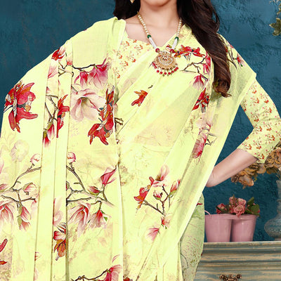 Lemon Yellow Casual Wear Digital Printed Georgette Saree