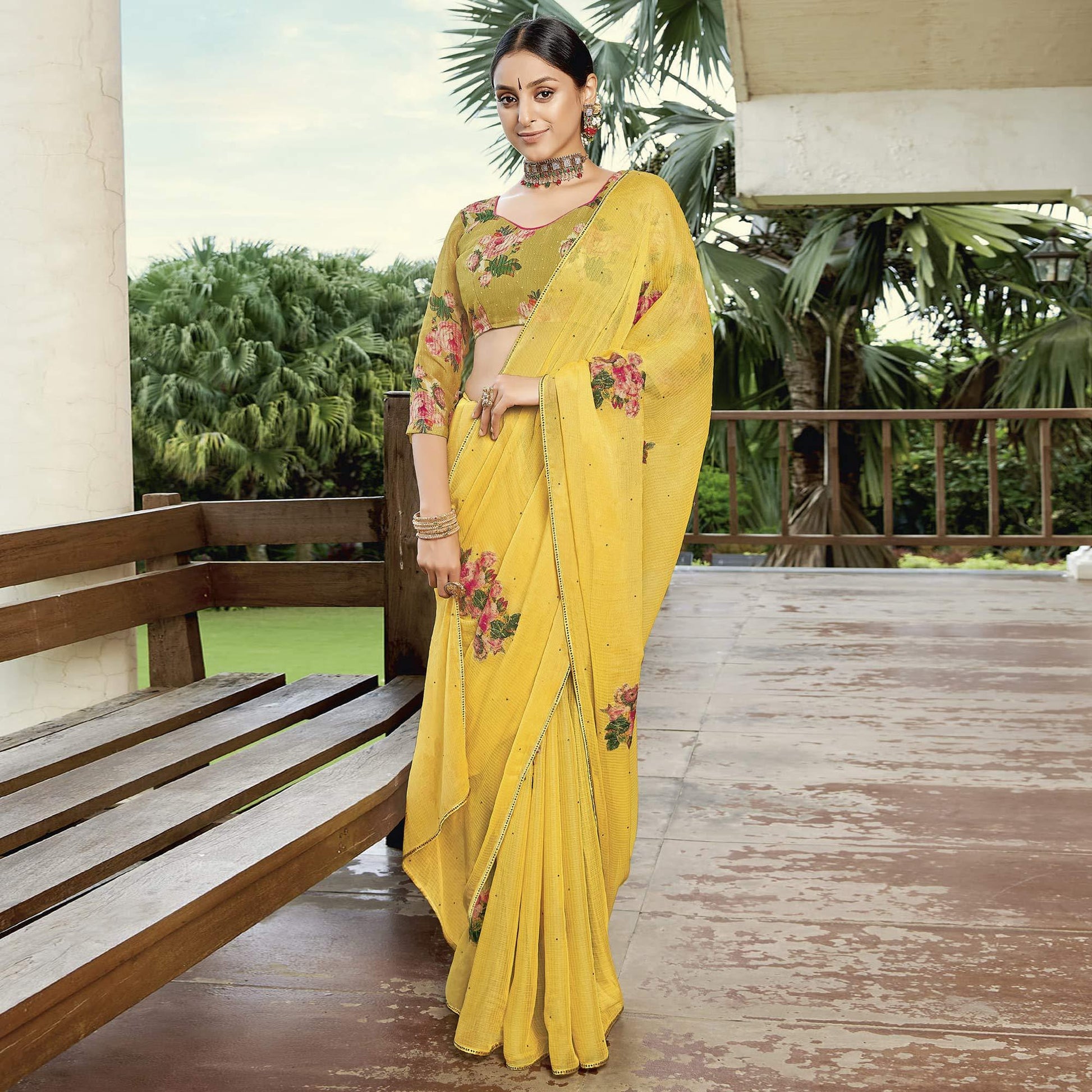 Lemon Yellow Casual Wear Floral Printed Chiffon Saree