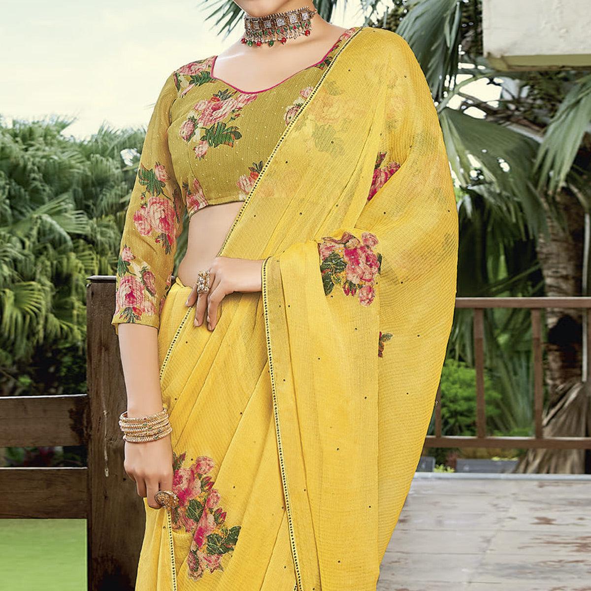 Lemon Yellow Casual Wear Floral Printed Chiffon Saree