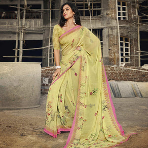 Lemon Yellow Casual Wear Floral Printed Georgette Saree