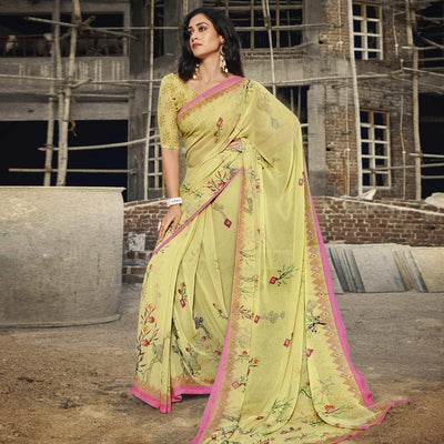 Lemon Yellow Casual Wear Floral Printed Georgette Saree