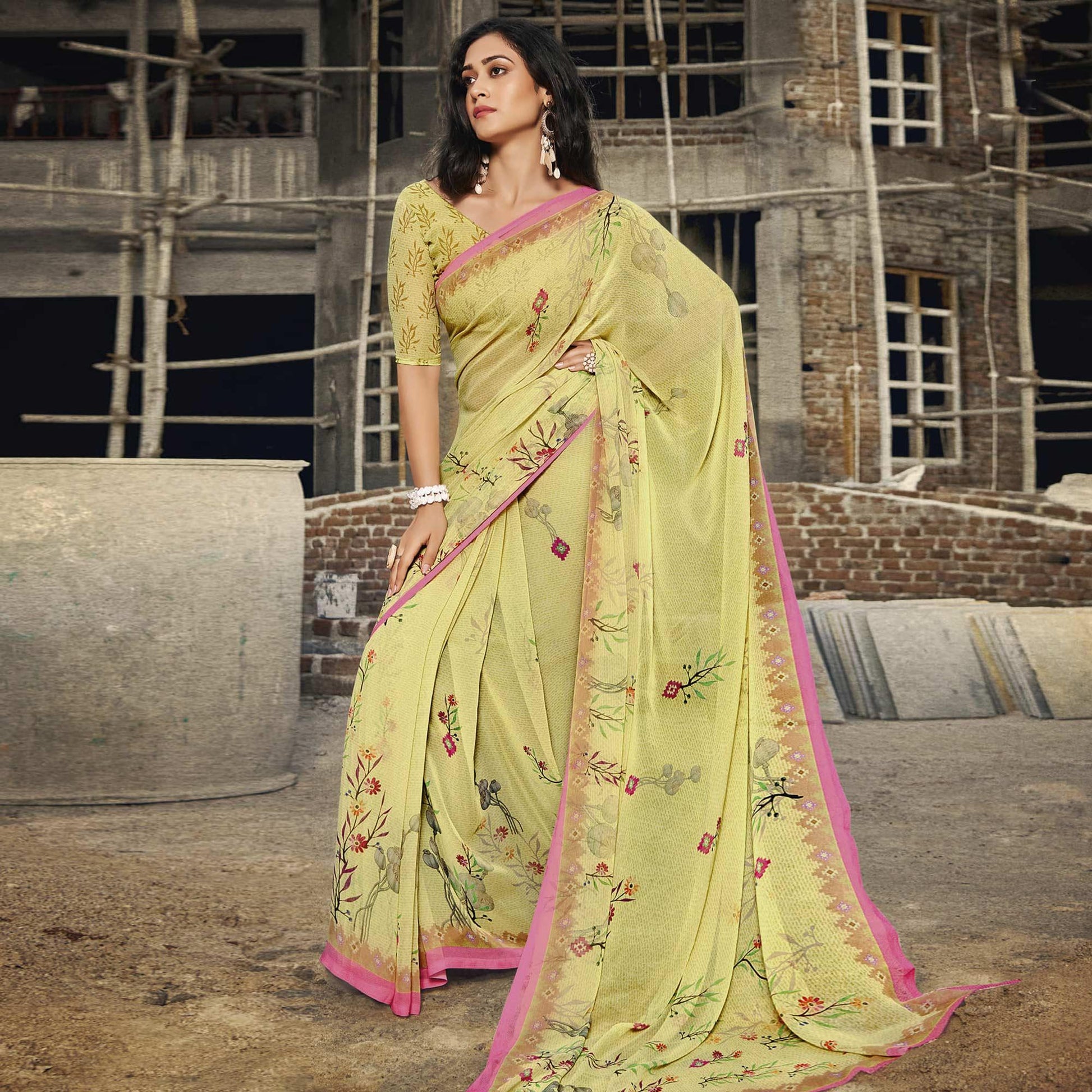 Lemon Yellow Casual Wear Floral Printed Georgette Saree
