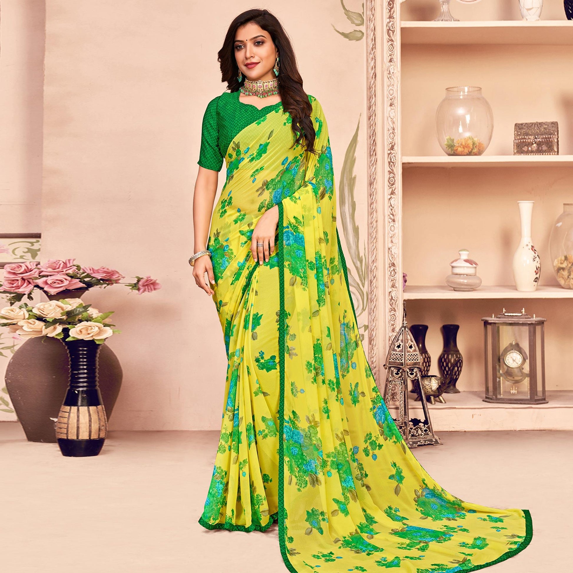 Lemon Yellow Casual Wear Floral Printed Georgette Saree