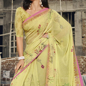 Lemon Yellow Casual Wear Floral Printed Georgette Saree