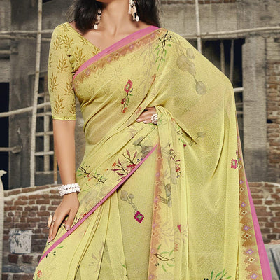Lemon Yellow Casual Wear Floral Printed Georgette Saree