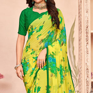 Lemon Yellow Casual Wear Floral Printed Georgette Saree