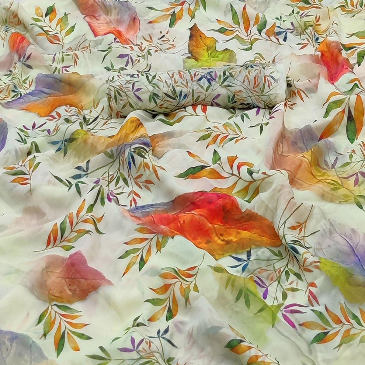 Lemon Yellow Casual Wear Floral Printed Georgette Saree