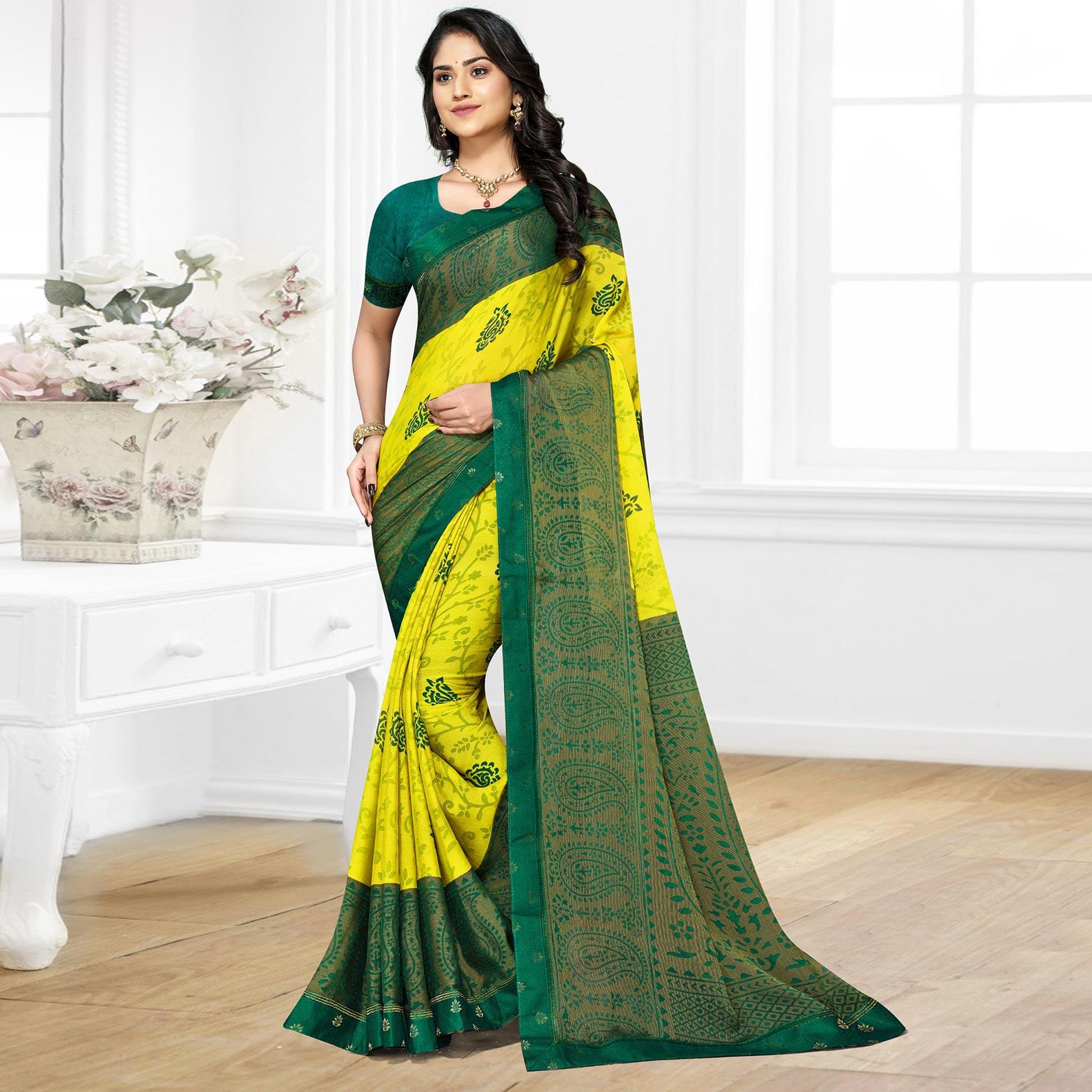 Lemon Yellow Casual Wear Printed Brasso Chiffon Saree