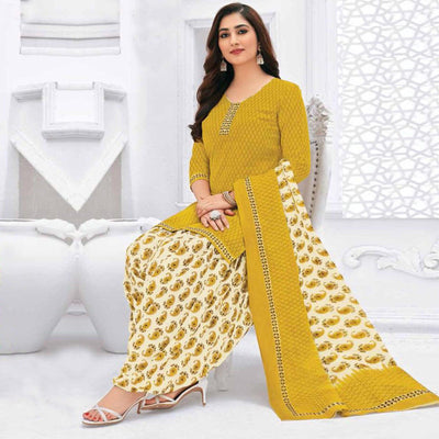 Lemon Yellow Casual Wear Printed Leon Patiala Dress Material