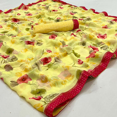 Lemon Yellow Digital Printed Georgette Saree