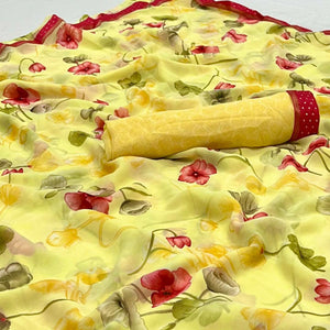 Lemon Yellow Digital Printed Georgette Saree