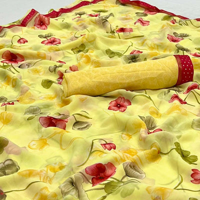 Lemon Yellow Digital Printed Georgette Saree