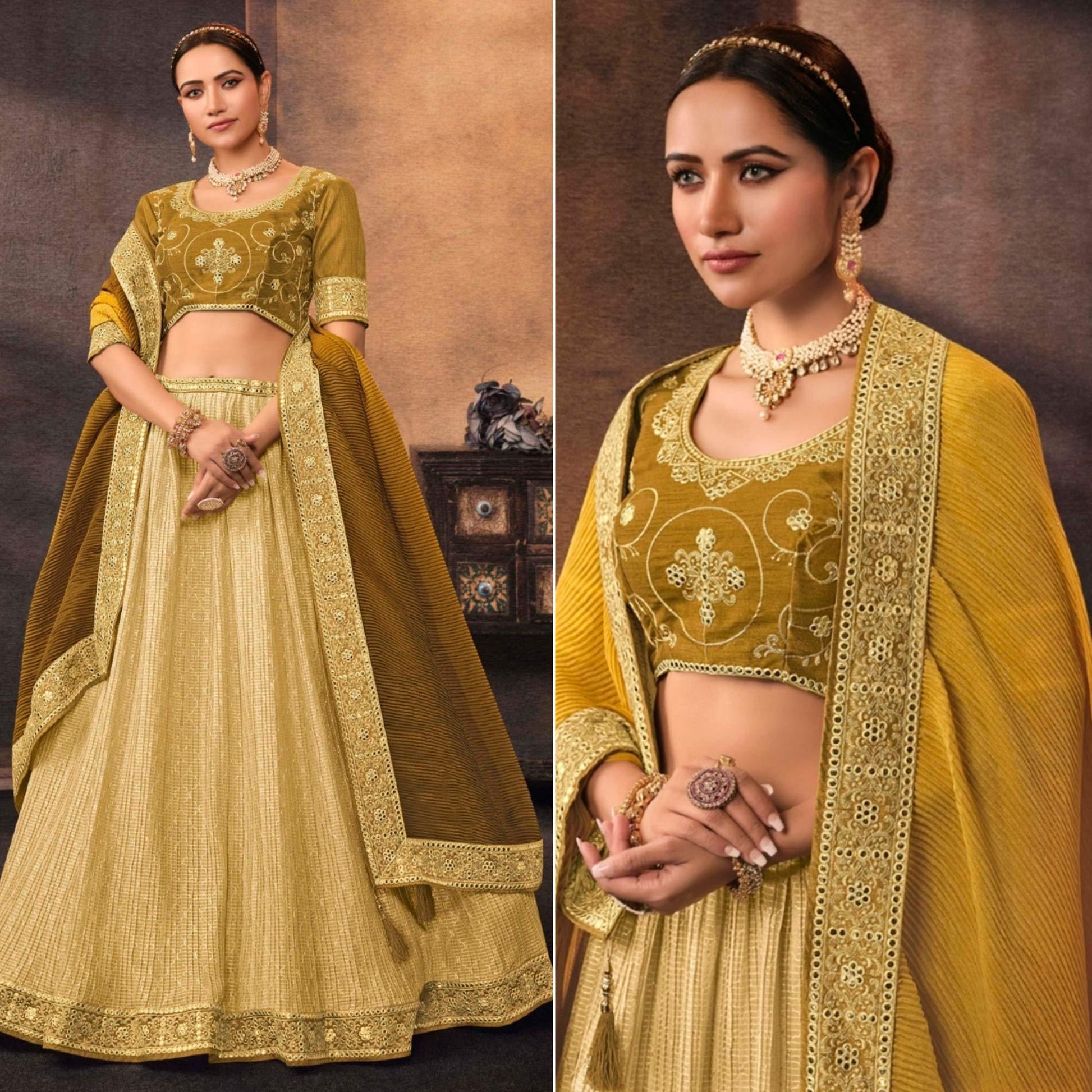 Lemon Yellow Embroidered Chiffon Lehenga Choli