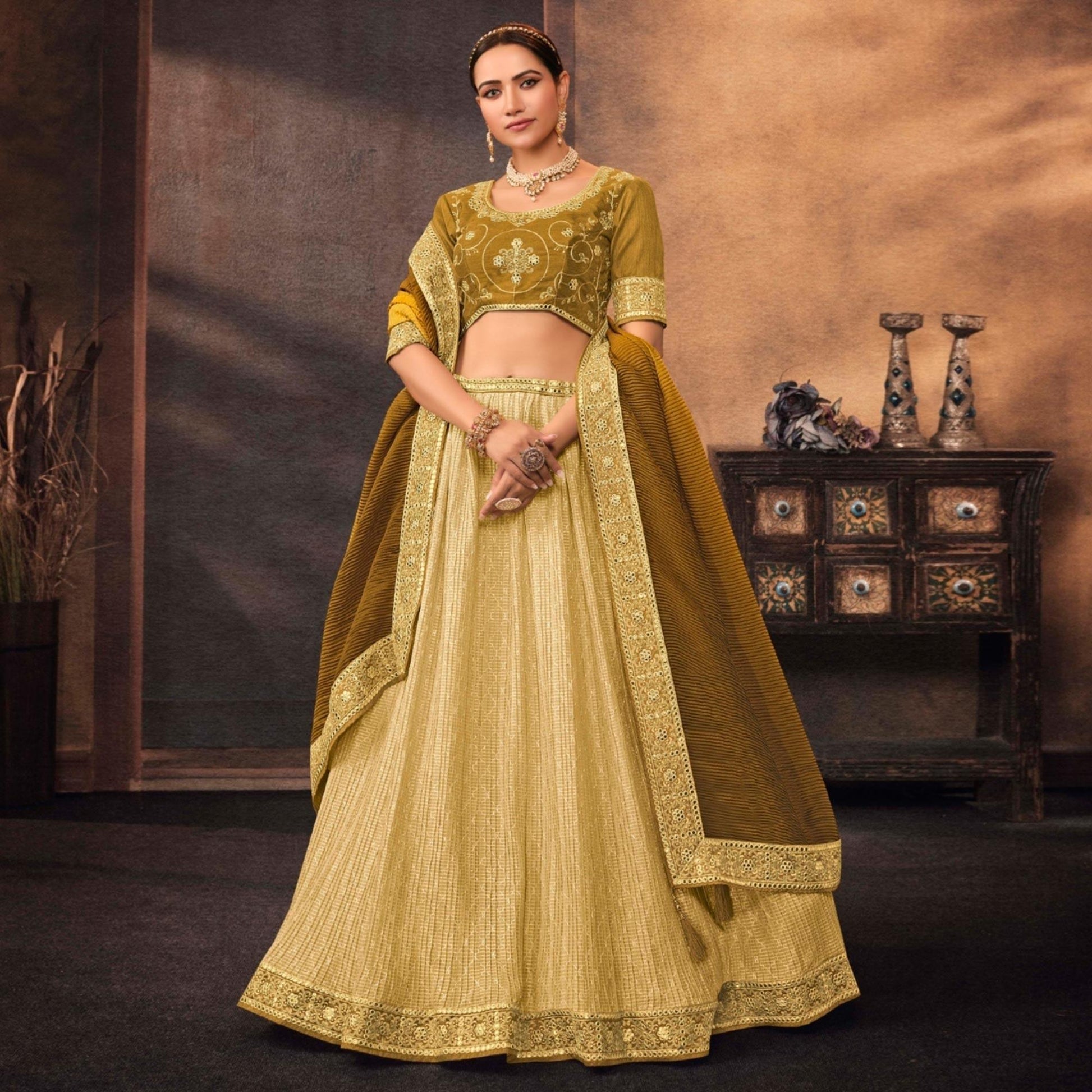 Lemon Yellow Embroidered Chiffon Lehenga Choli