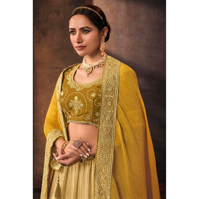 Lemon Yellow Embroidered Chiffon Lehenga Choli