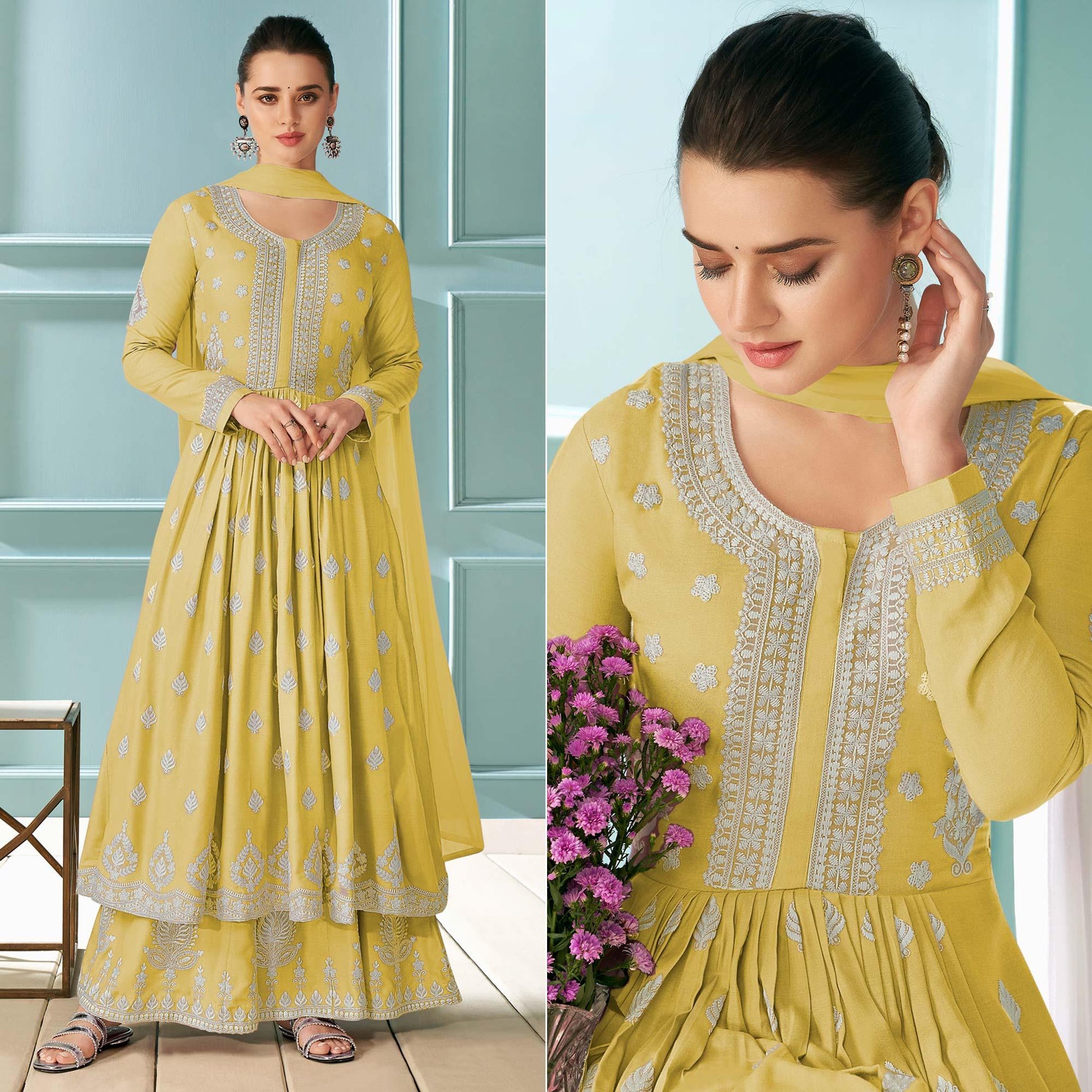 Lemon Yellow Embroidered With Embellished Rayon Kurti Palazzo Suit