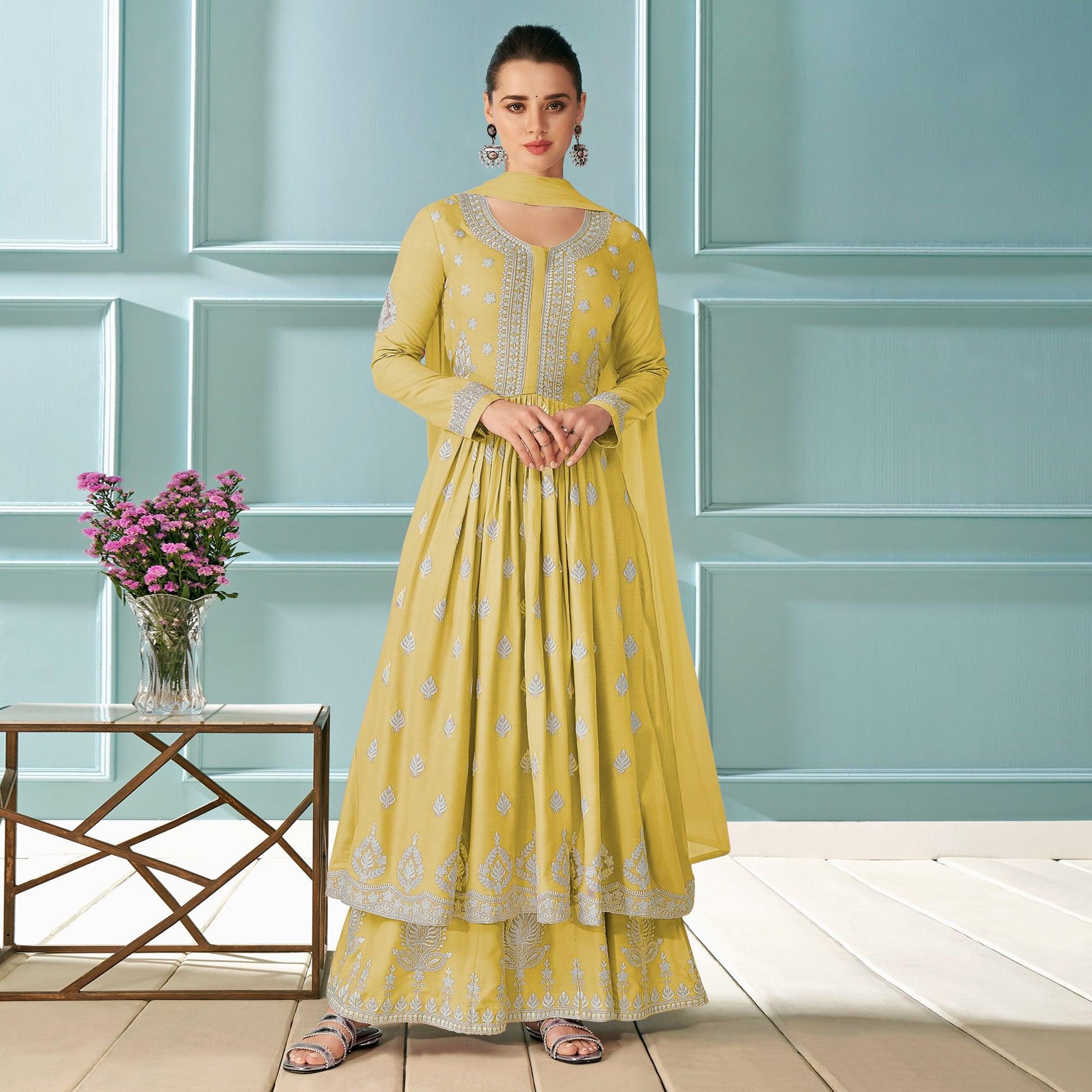 Lemon Yellow Embroidered With Embellished Rayon Kurti Palazzo Suit