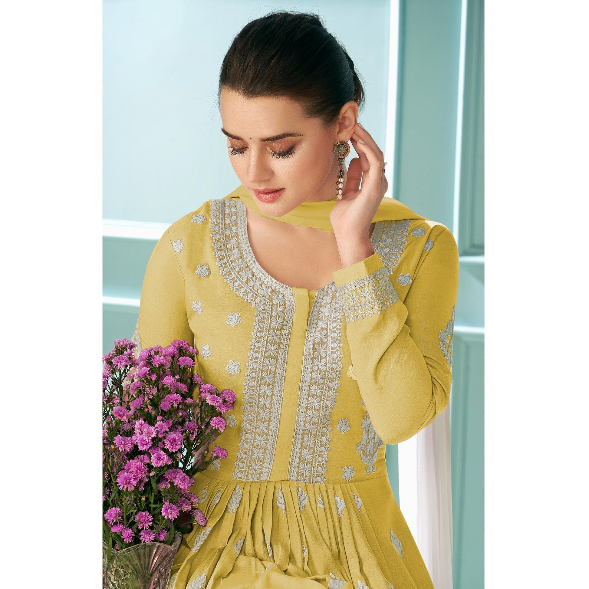 Lemon Yellow Embroidered With Embellished Rayon Kurti Palazzo Suit