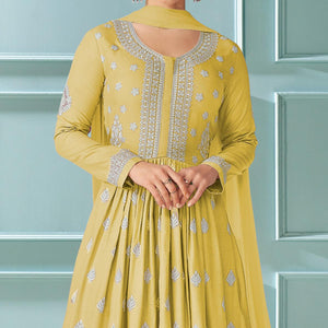 Lemon Yellow Embroidered With Embellished Rayon Kurti Palazzo Suit