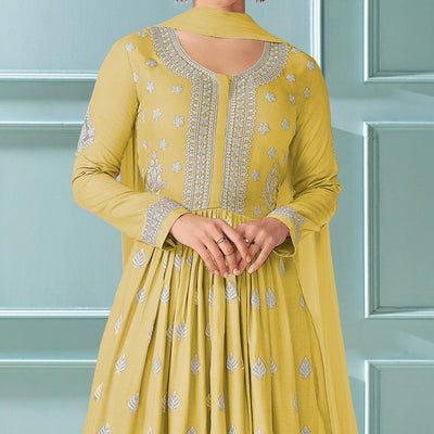 Lemon Yellow Embroidered With Embellished Rayon Kurti Palazzo Suit
