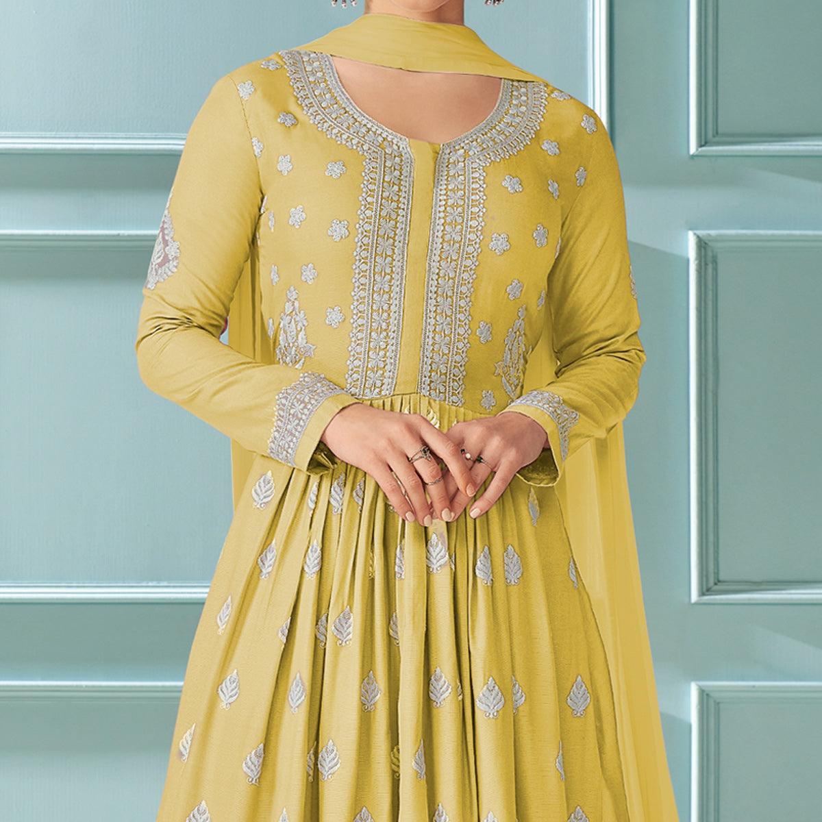Lemon Yellow Embroidered With Embellished Rayon Kurti Palazzo Suit